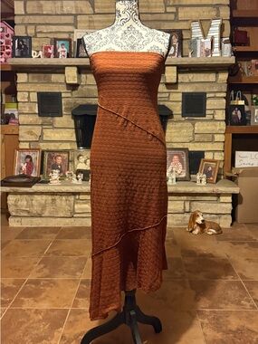 Strapless Textured Midi Dress in Rust Orange